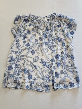 Haver & Blair Blue Floral Tie-Neck Ruffled Cap-Sleeve Blouse Size X-Large
